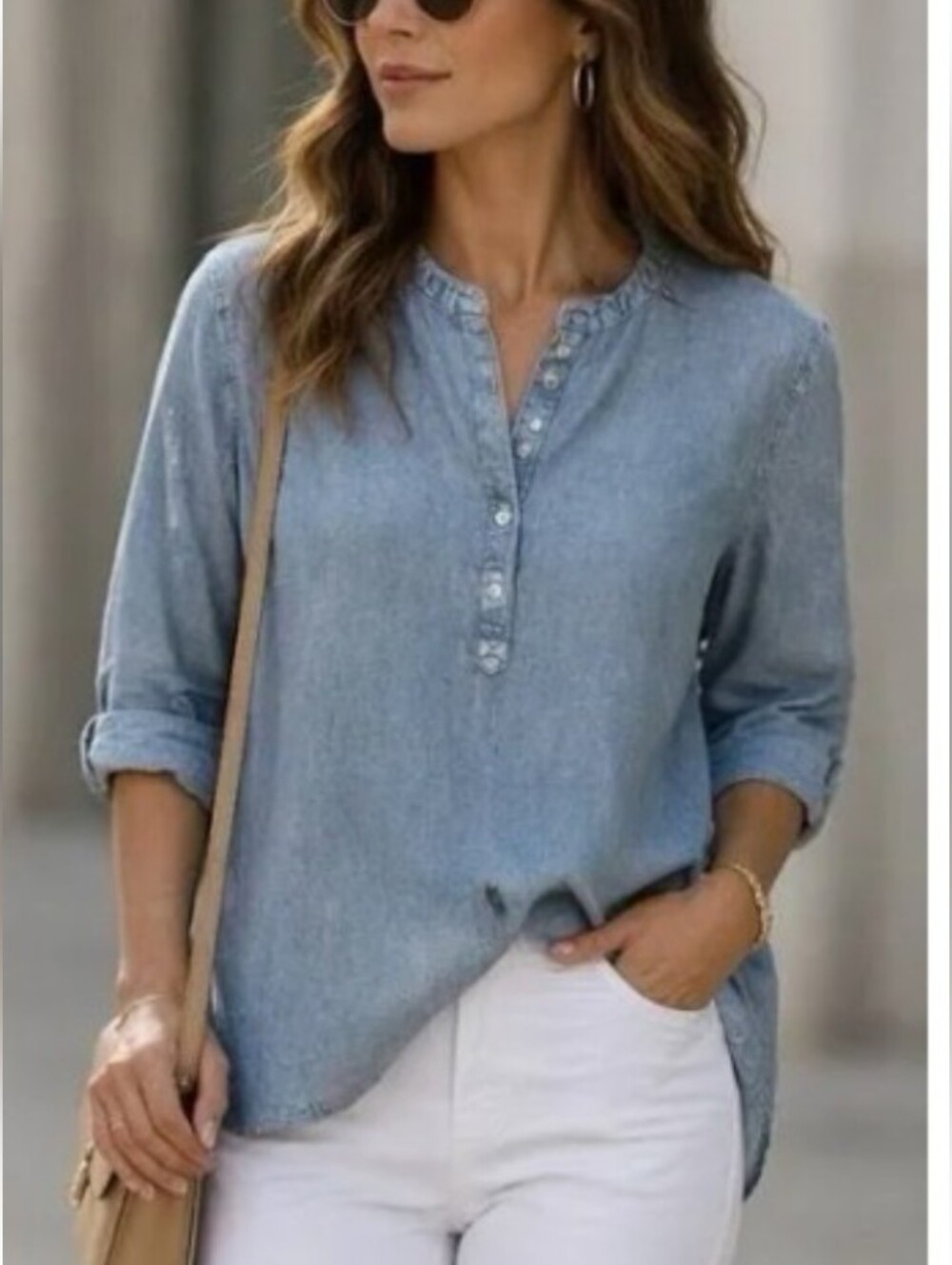 Soft Surroundings Roll Sleeves Flax Viscose Cotton Blend Top